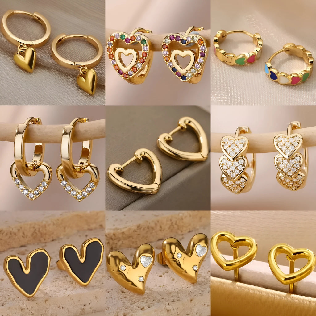 Heart-shaped titanium steel clip-on ear studs with zircon crystal detailing in colour E3127G-5