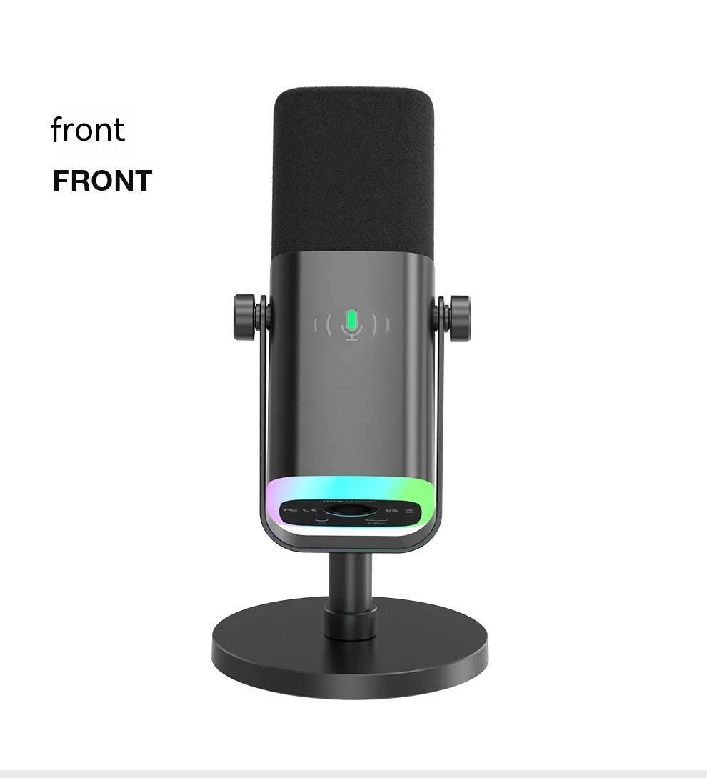 Black dynamic noise reduction microphone on a stand with XLR and data cables.
