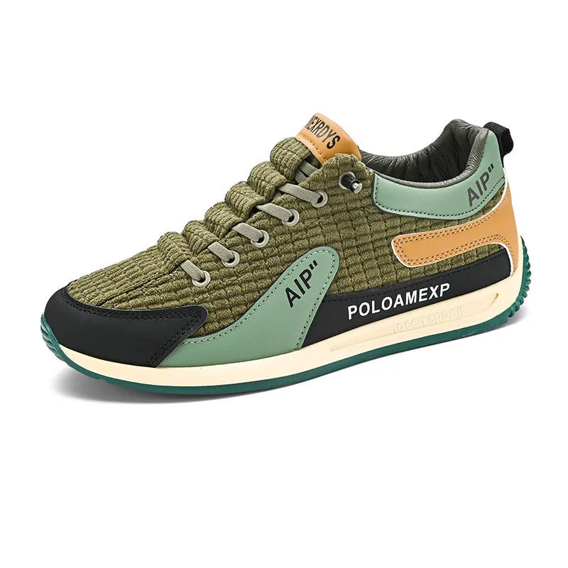 Men's grey and green mesh running shoes with low-top design and lace-up closure