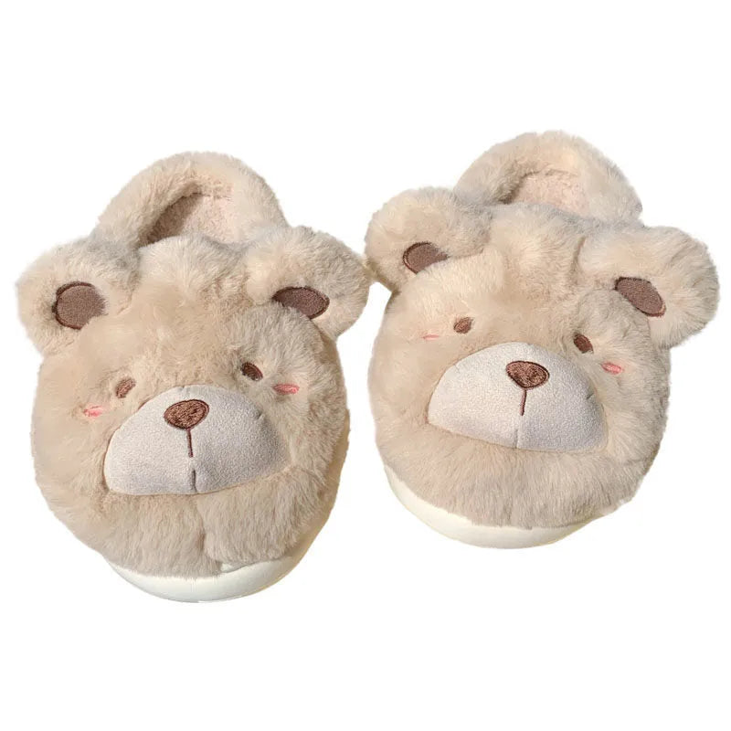 Cartoon-patterned women's suede plush slippers in milky white colour with round-toe design