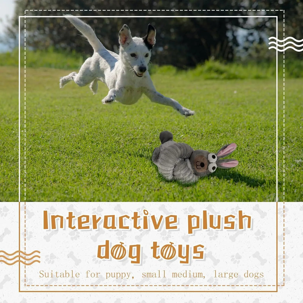 Plush stuffed dog toy with squeaker and crinkle material in brown, grey, or yellow colour