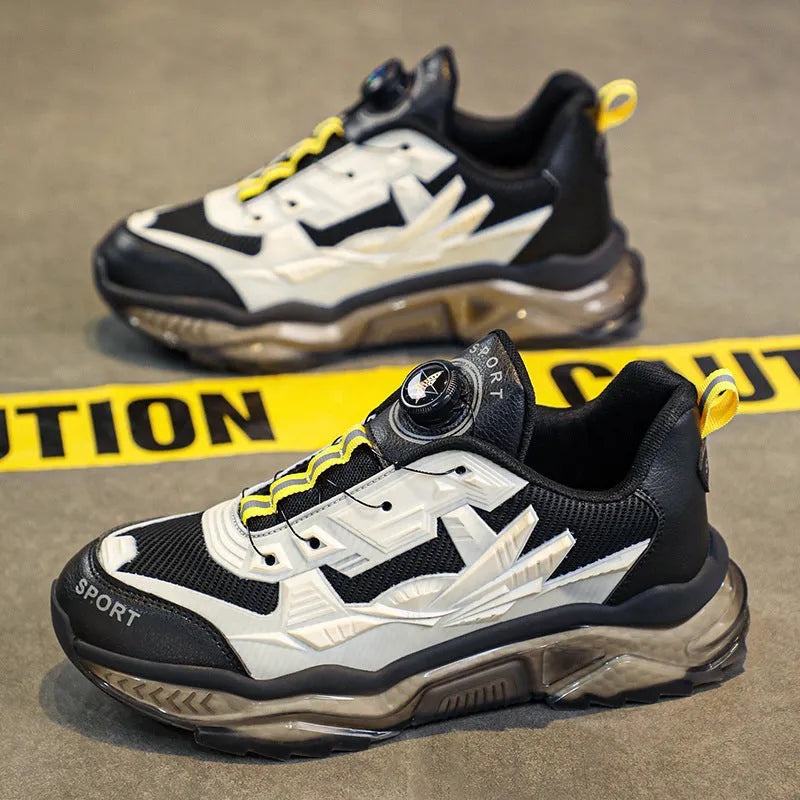 Men's black casual rotating button dad shoes with a low-top platform sole.