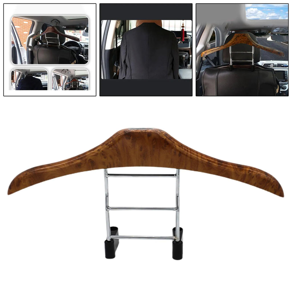 Wood yellow stainless steel car mounted clothes hanger holding a suit jacket on a car seat