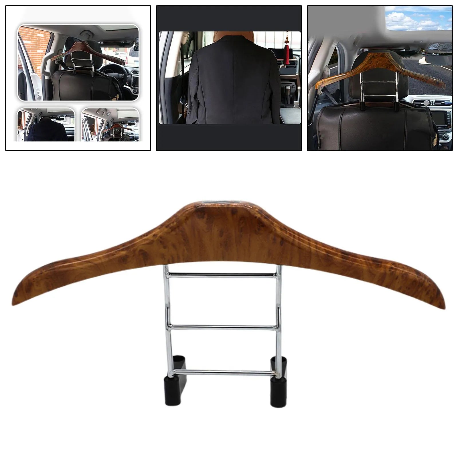 Wood yellow stainless steel car mounted clothes hanger holding a suit jacket on a car seat