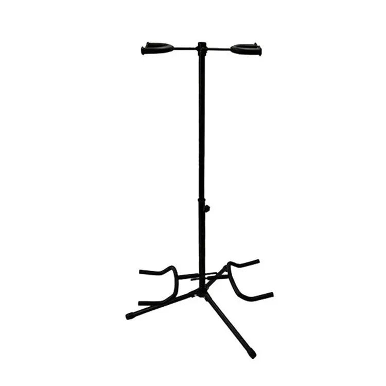 Black iron double-headed adjustable guitar stand holding two guitars vertically