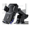 Black car wireless phone charger holder showing both clip and suction cup mounting options.