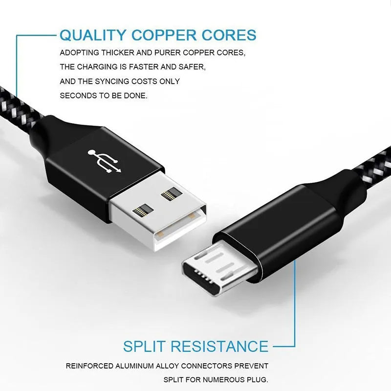 Braided fast charge Micro USB cable for Android phones in black and white, black blue, or black red colours
