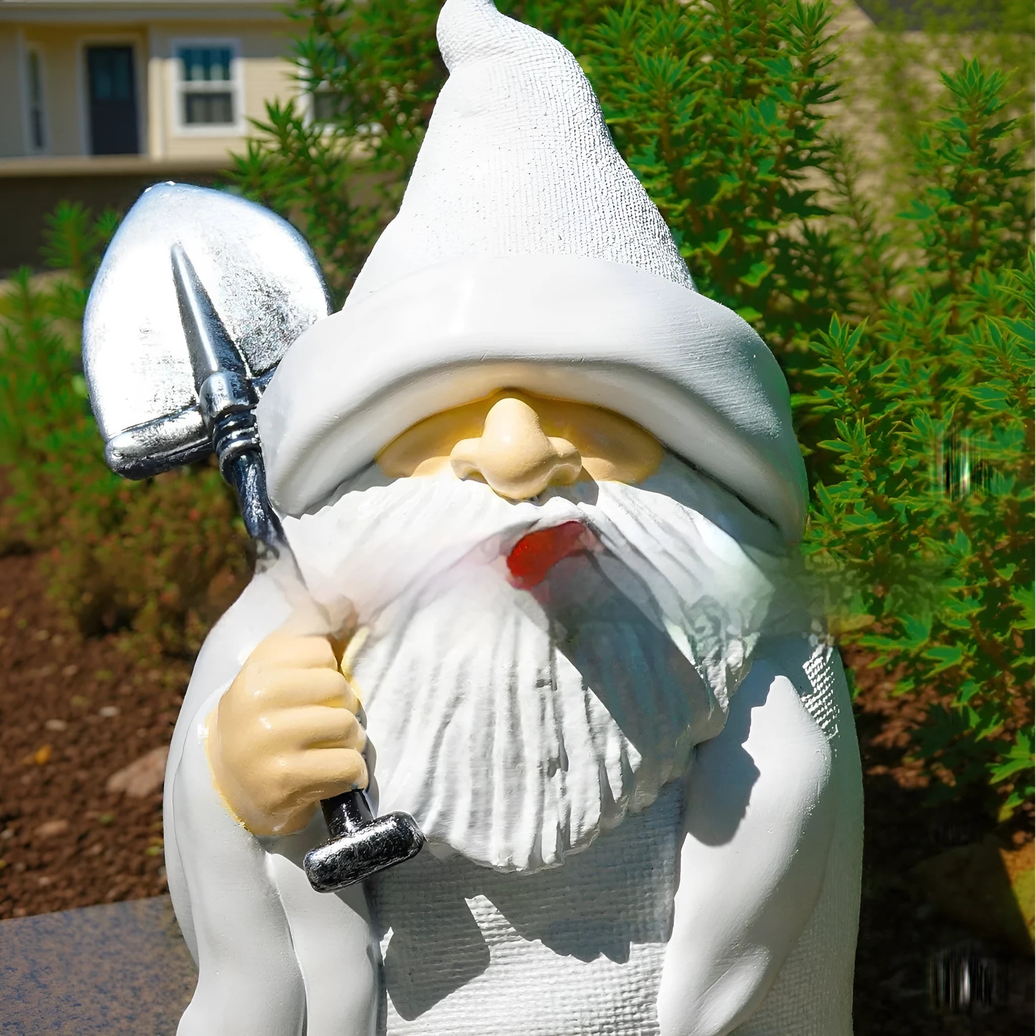 Close-up of a smoking shovel dwarf resin Christmas ornament with pipe, for garden or tree decoration.