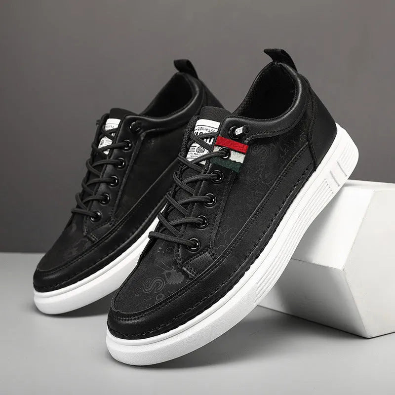 Men's black high-top PU canvas sneakers with a rounded toe and lace-up front on a PVC sole.