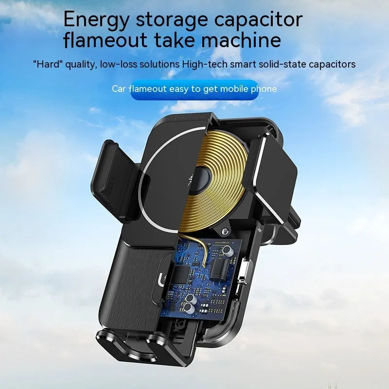 Black car wireless phone charger holder showing both clip and suction cup mounting options.