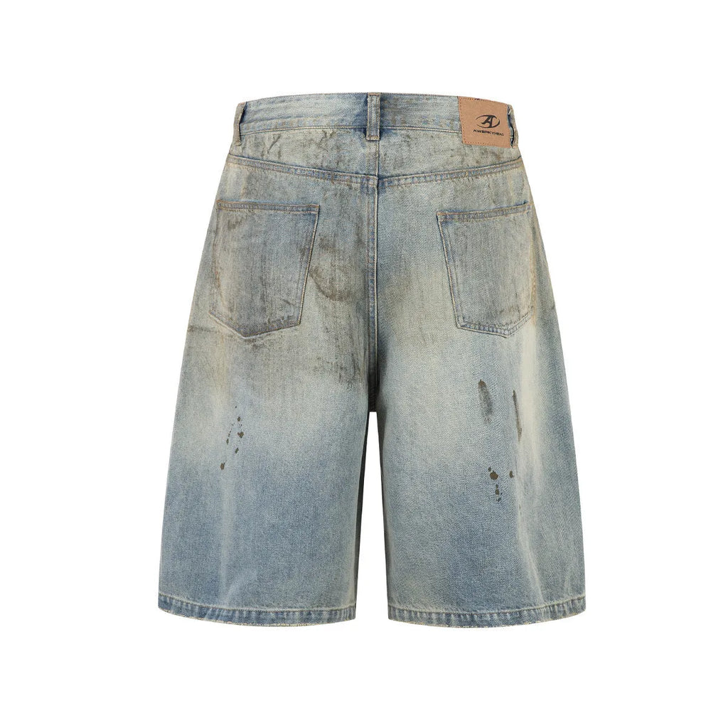Blue washed denim cropped trousers with straight leg and zip fly, street fashion style
