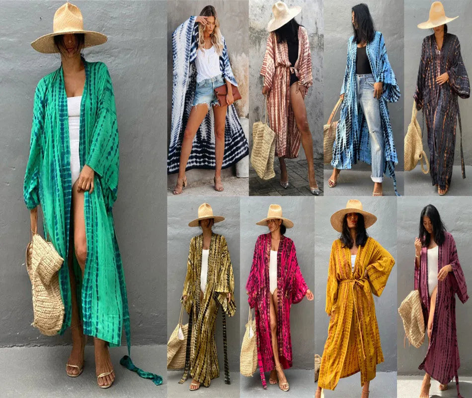 Printed cotton beach cover-up blouse with loose fit and long length for sun protection