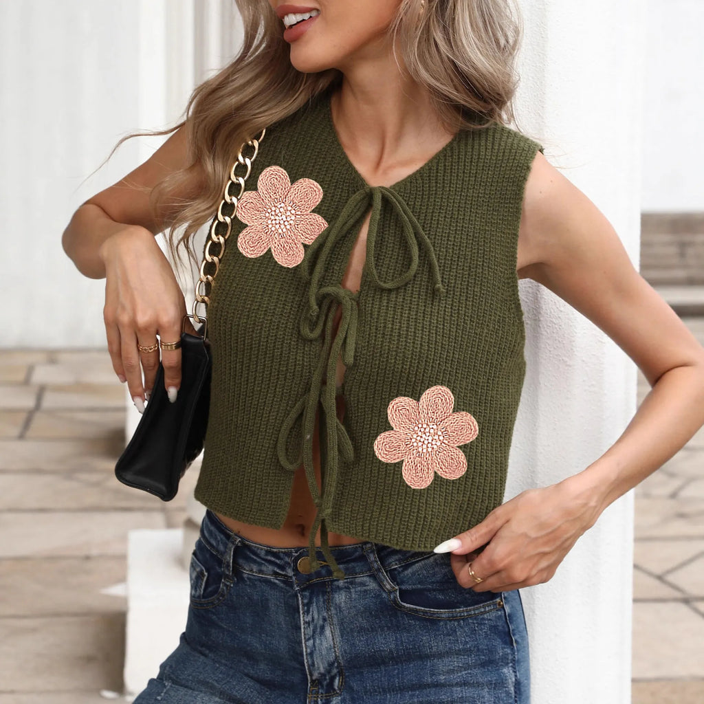 Ladies' lace-up bow cardigan vest in deer plush polyester fabric with adjustable straps and apricot flower pattern