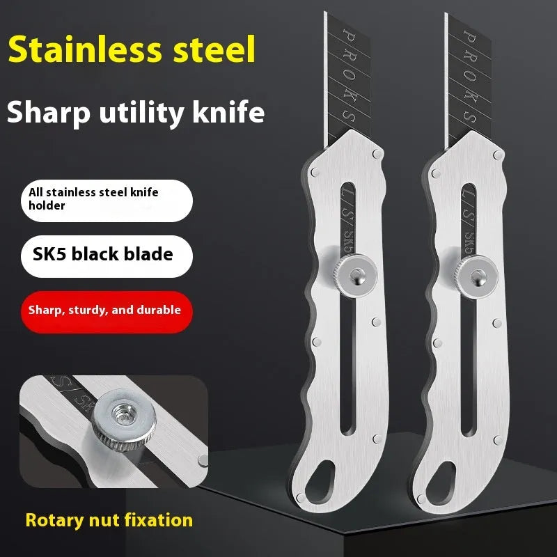 Stainless steel folding art knife with black blade and replacement blades for craft projects