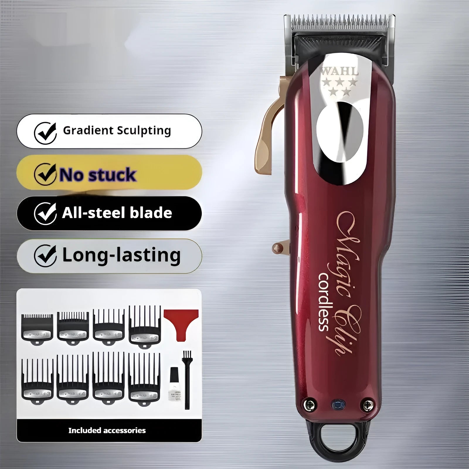 Hair clippers trimmer set with charging base, stainless steel cutter head, and UK US EU plug options