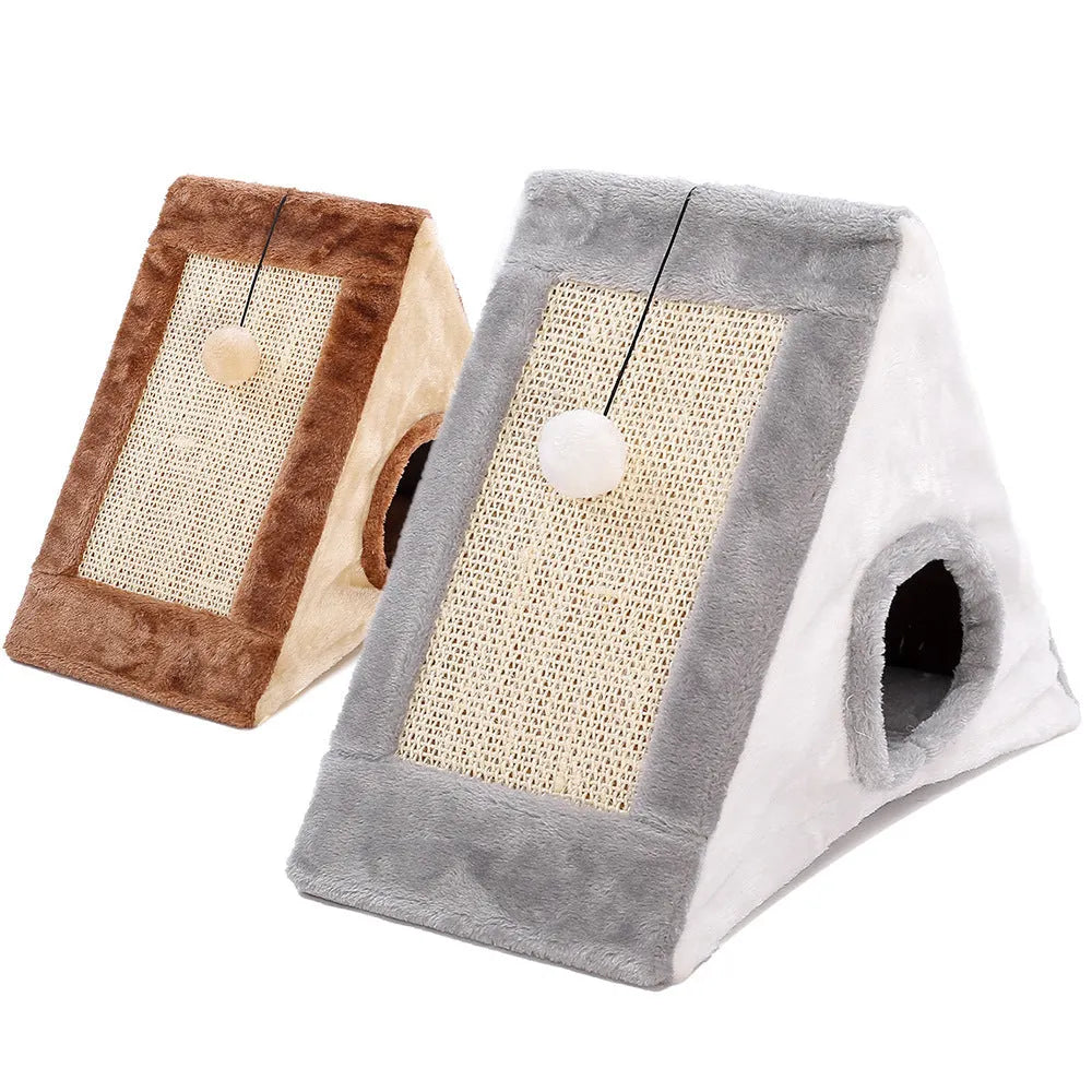 Grey and white triangle sisal scratching post for cats on a wooden floor.