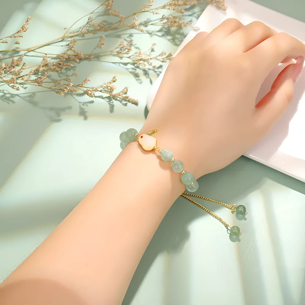 Rabbit bracelet with natural stone charms including green aventurine or strawberry quartz options with mixed metal components