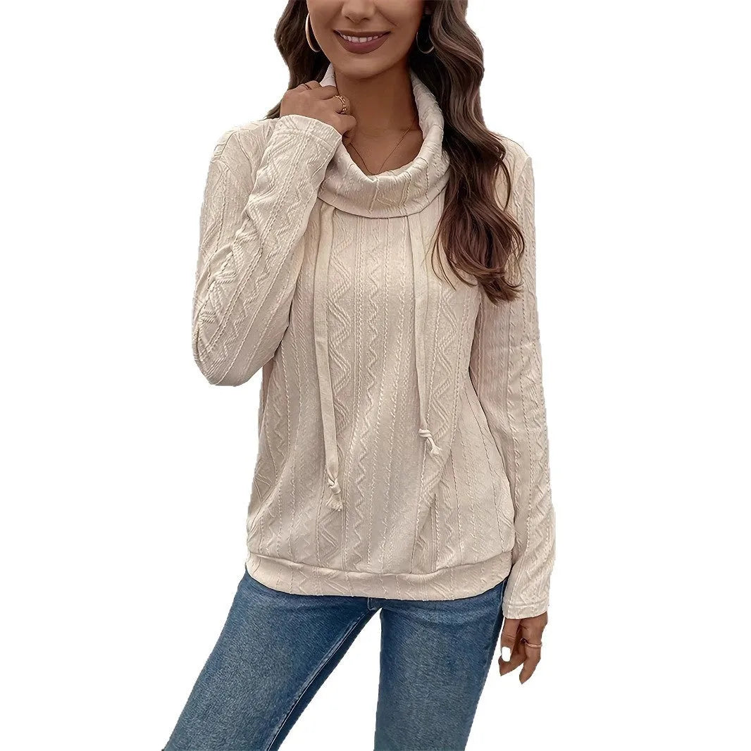 Apricot coloured long sleeve hooded pullover sweater with a drawstring