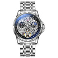 Men's black and white automatic business watch with steel bracelet or leather strap options
