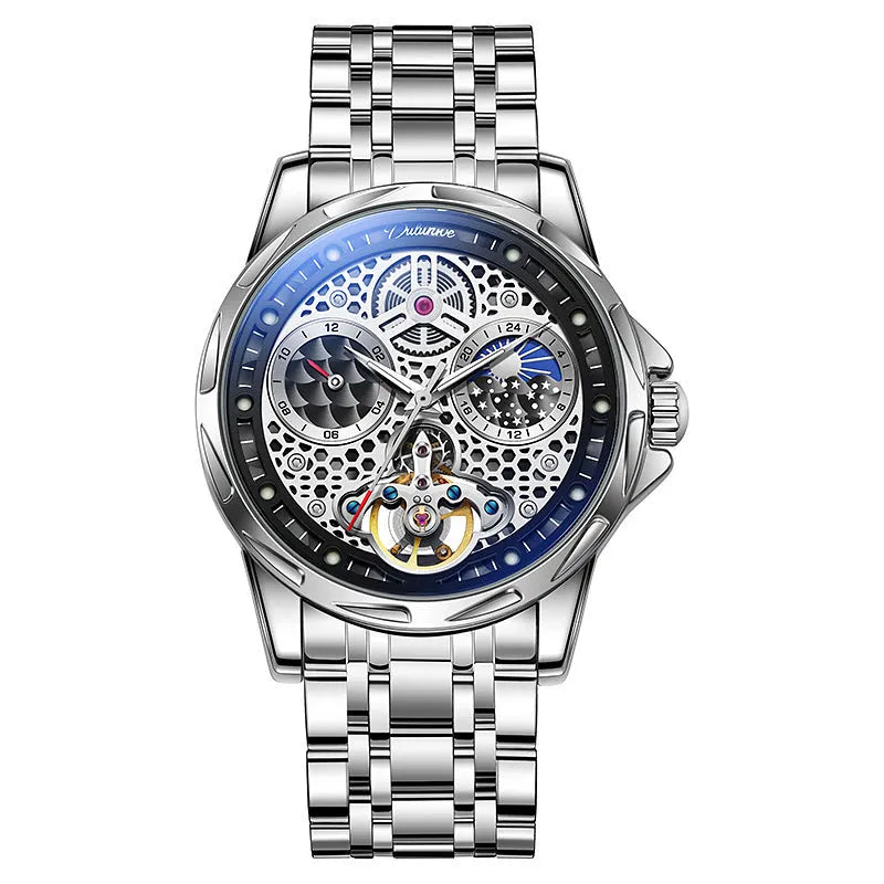 Men's black and white automatic business watch with steel bracelet or leather strap options