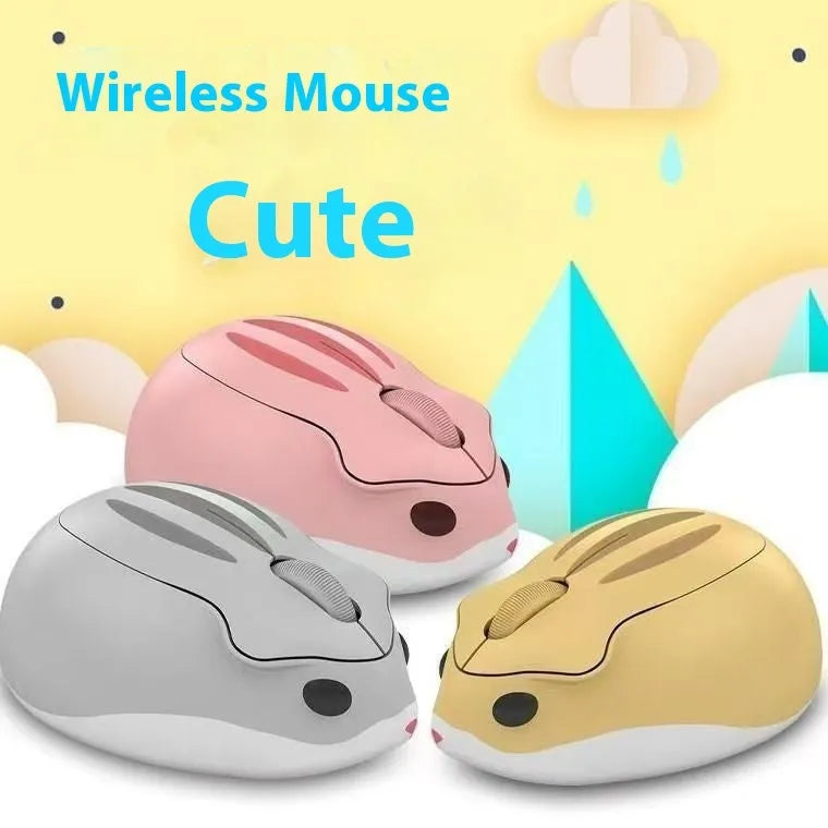 Hamster Wireless Bluetooth Silent Mouse in grey, pink, and yellow colour options shown on a desk.