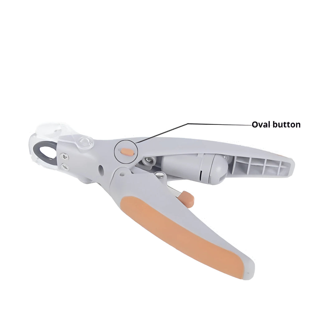 LED dog nail clipper with illuminated tip and visual blood line guide on a white background.