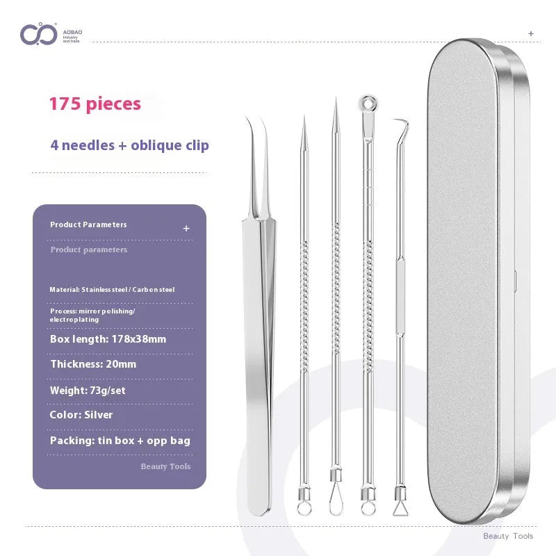 Four silver metal acne needles with fine pointed tips for blackhead removal.