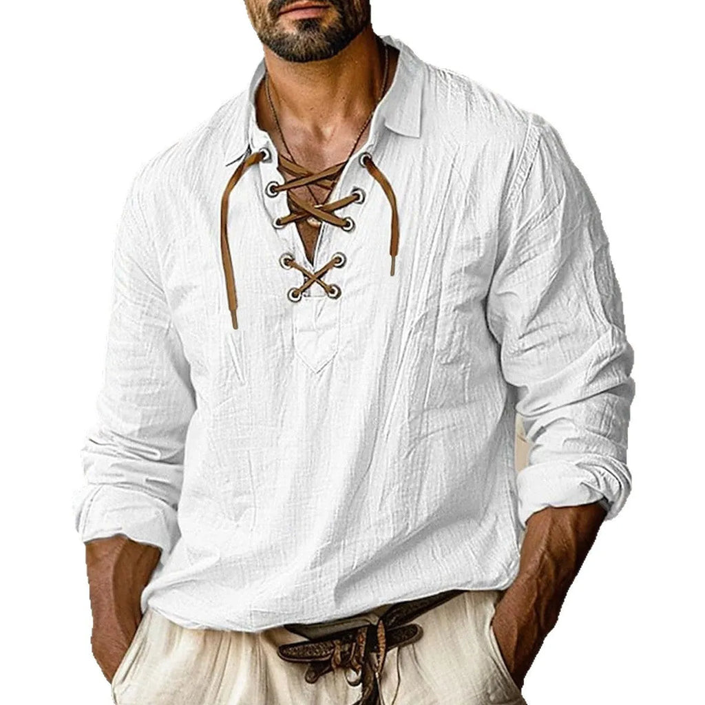 Men's loose fit long sleeve shirt in linen blend with lapels lace detail, shown in blue.