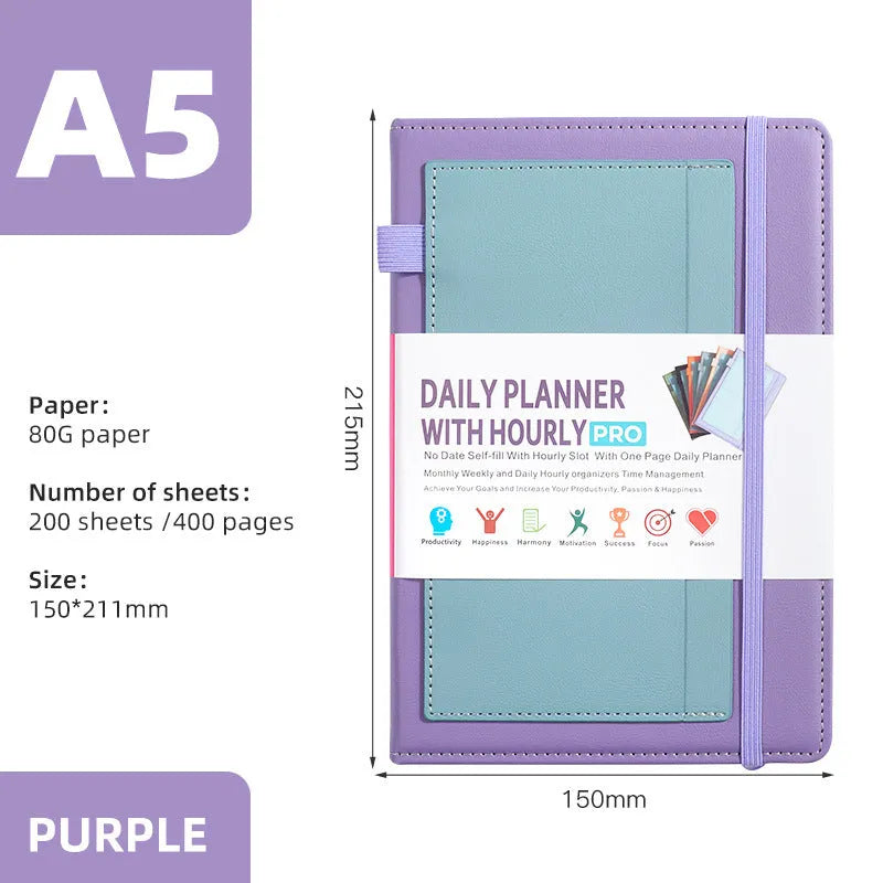 No-date notebook with elastic strap closure shown in purple, matcha green, and pink colour options