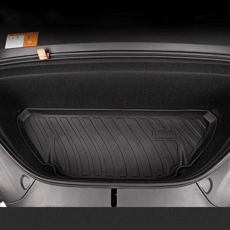 Custom fit rubber and TPE floor mats for Tesla Model 3 Model Y Model S Model X 2023 showing trunk and footwell coverage