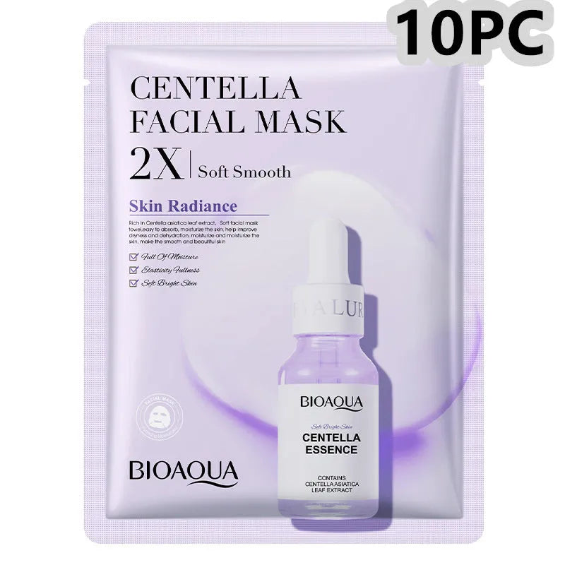Single-use facial sheet mask with gel serum, shown in Centella, Collagen, Hyaluronic Acid or Vitamin C variants.