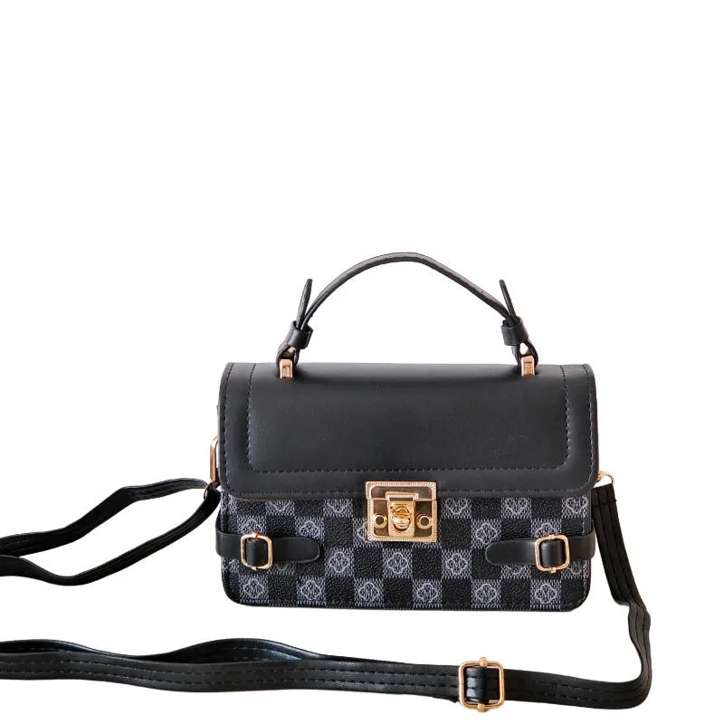 PU leather crossbody bag with small square ethnic pattern design showing file bag interior organisation