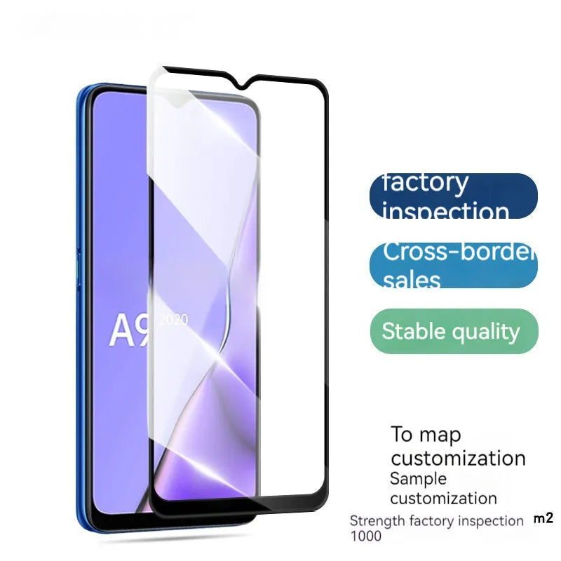 Full glue tempered glass screen protector for OPPO A9 2020 smartphone shown in black.
