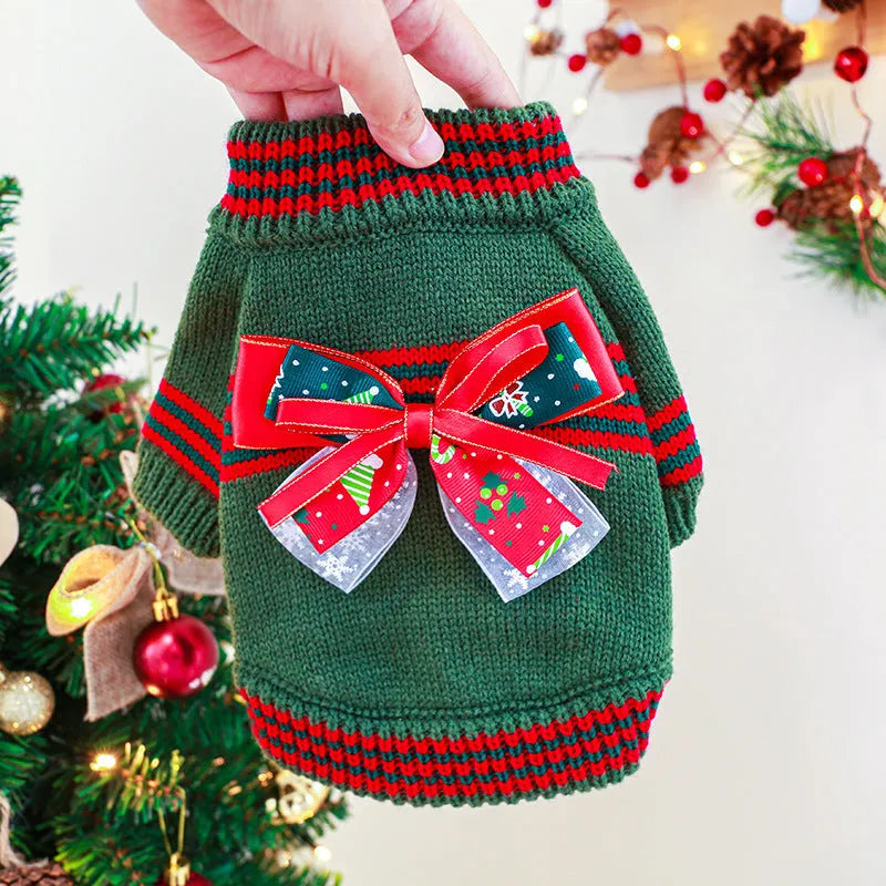 Red and green dog Christmas sweater shown on small to large breed dogs with festive holiday design