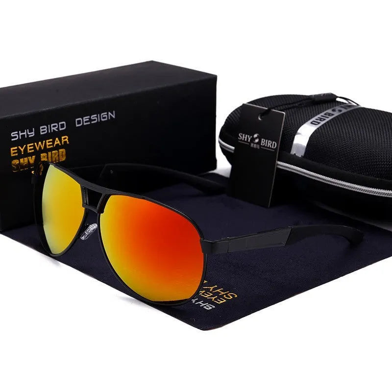 Men's orange red polarised aviator sunglasses with metal frame and HD TAC lenses