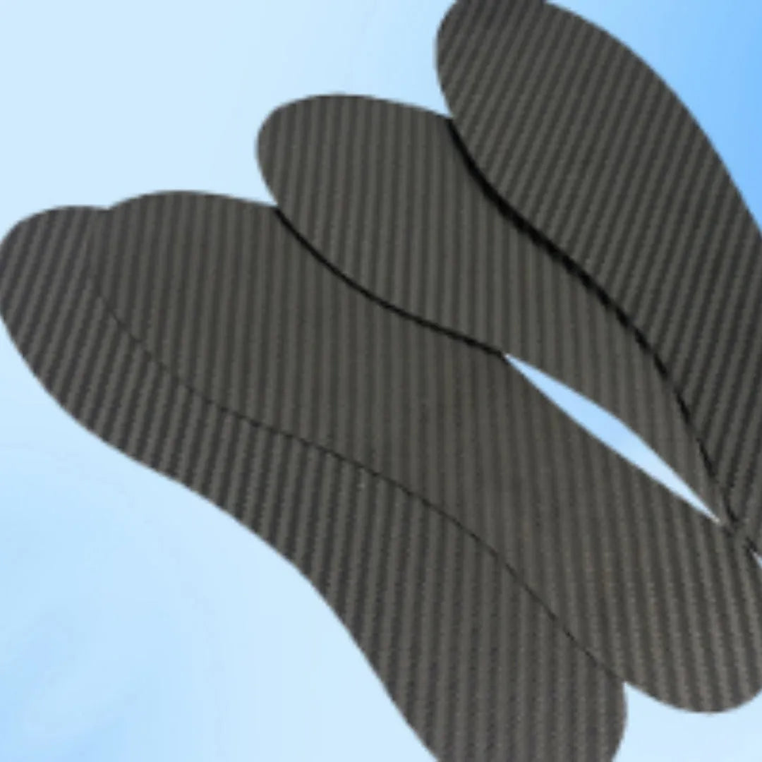 Black 3K full palm carbon fibre running insoles showing thickness options for shock absorption and high elasticity support