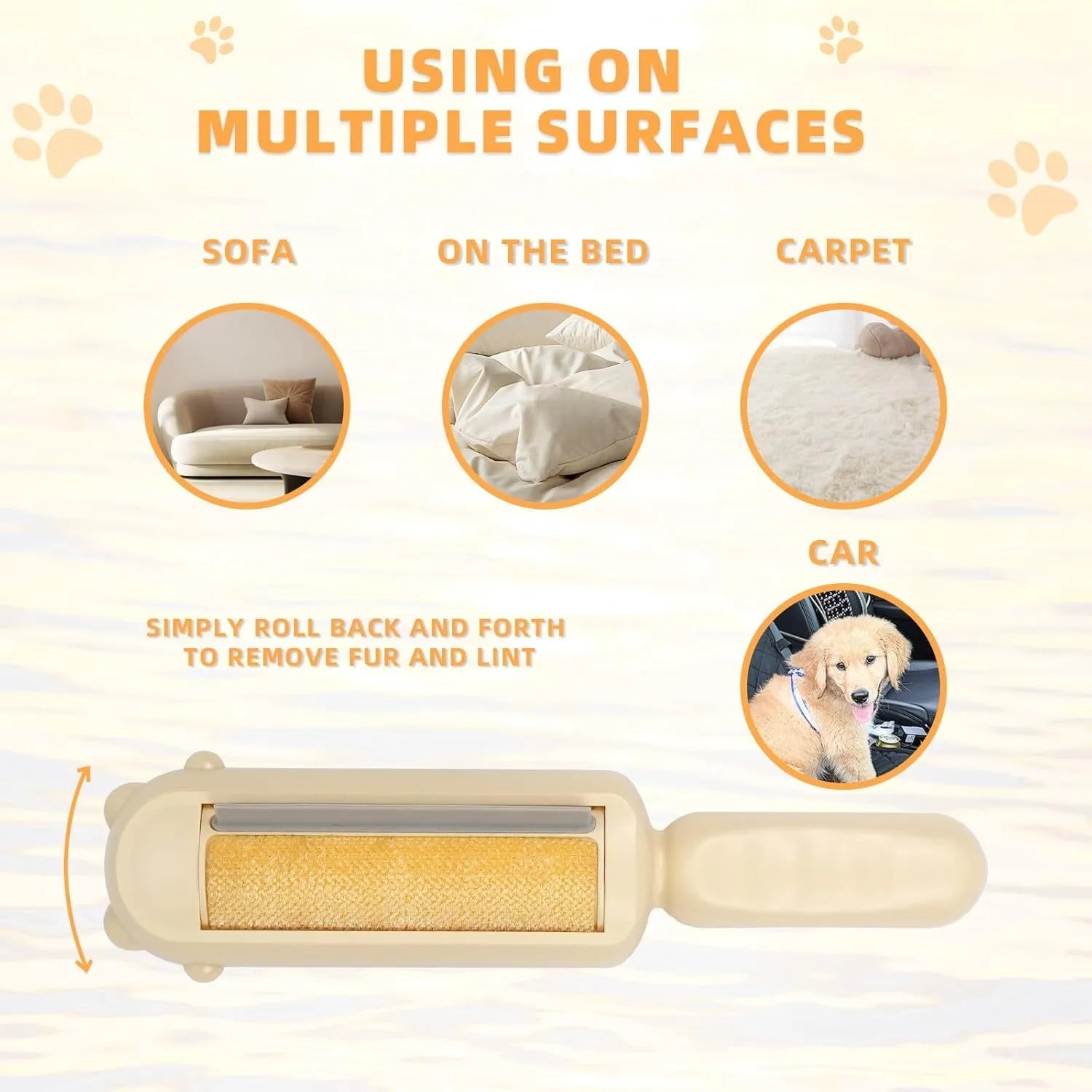 Blue reusable pet hair removal tool with a handle and roller, designed for furniture and car seats