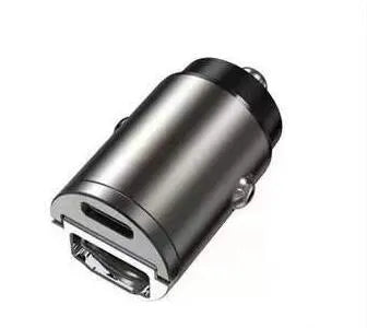 30W mini car charger with USB-C and QC3.0 ports in black zinc alloy housing
