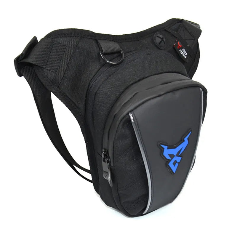 Motorcycle leg bag in 1200D Oxford cloth shown with adjustable straps for crossbody, waist, or shoulder wear.