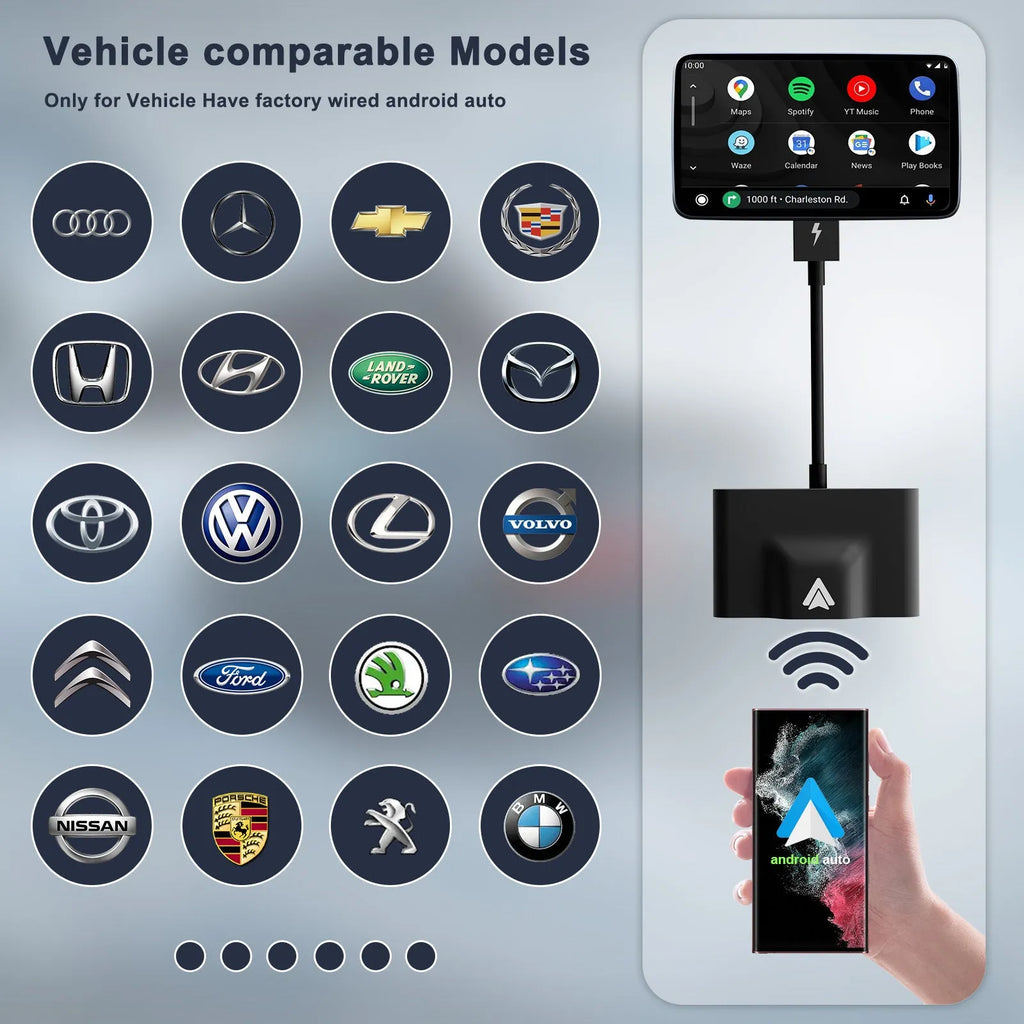 Car wired to wireless Android system adaptor in black or white, shown next to a steering wheel.