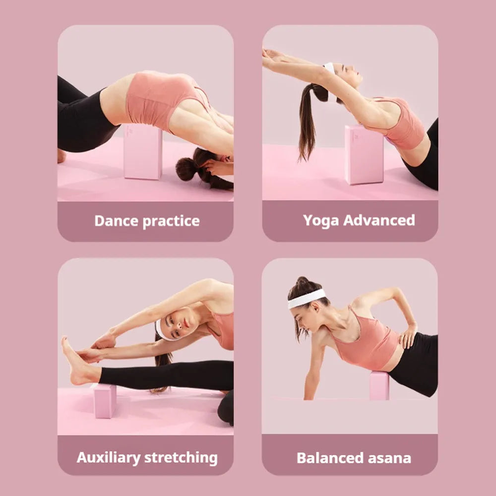 Solid colour EVA foam yoga brick block with hexagonal facets for grip, measuring 23x15x7.6cm.