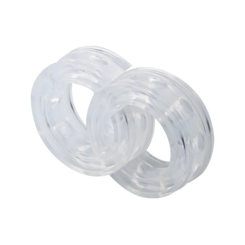 Transparent rubber shock absorber buffers for car springs in six sizes with visible spring gap.