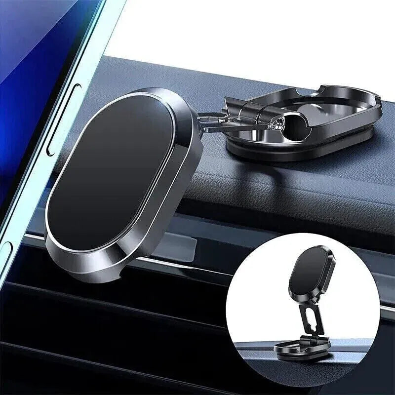 Chrome folding magnetic car phone holder shown extended and collapsed on a car dashboard.