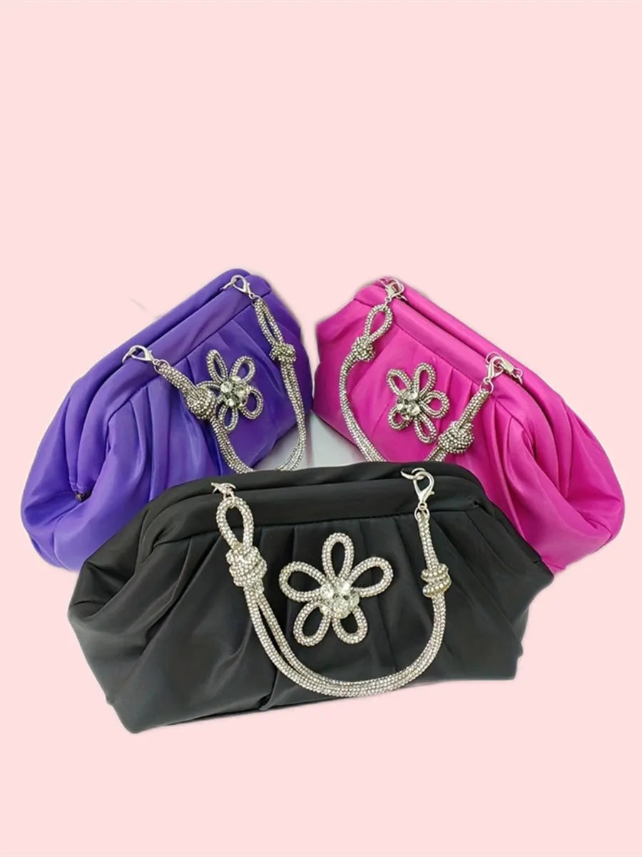 Women's soft polyester dinner bag with chain detailing, document compartment, and shell-shaped design in three colour options
