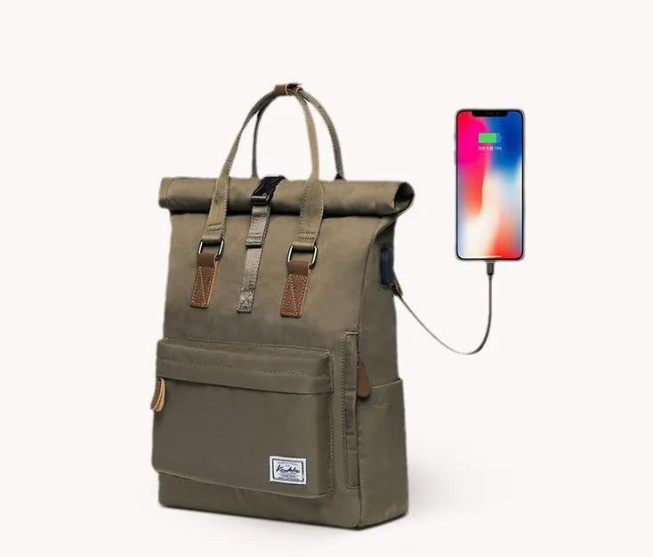 Men's casual polyester backpack in black, showing front view and open compartment with laptop pocket.