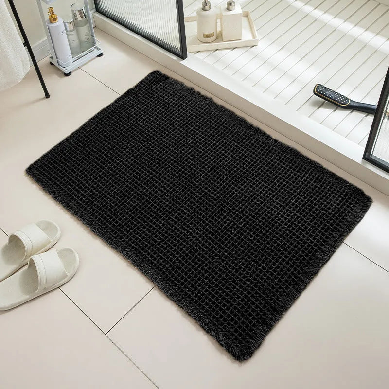 Checkered pattern non-slip absorbent bathroom floor carpet in polyester, shown in multiple colour options.