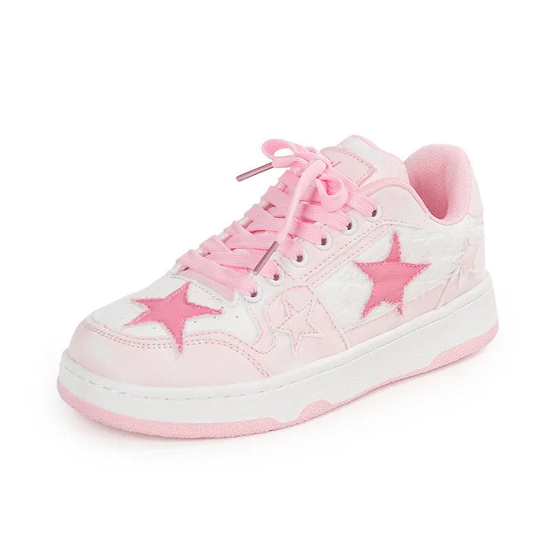 Denim skateboard shoes with lace-up front, round toe, and stitching details in black, green, or pink colours