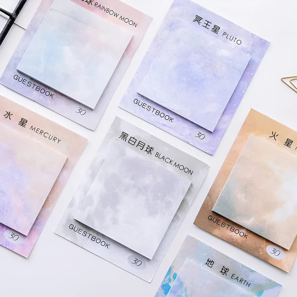 Square planet oil painting sticky notes notepad with 30 sheets showing Moon, Earth, Mars designs