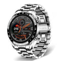Smart watch with stainless steel band and 1.3-inch touch screen display showing step count