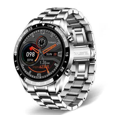 Smart watch with stainless steel band and 1.3-inch touch screen display showing step count